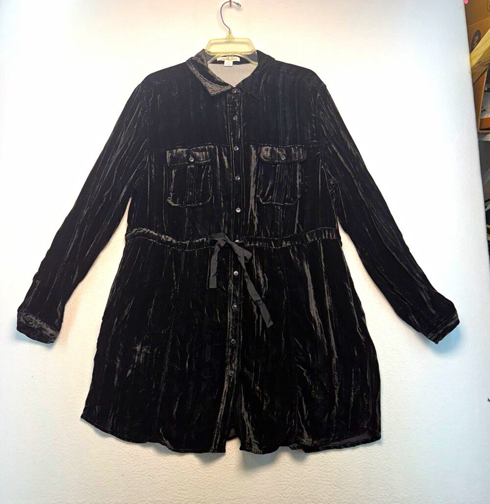 Glam Goth Women Black Velvety Button Front Long Sleeve shirt tunic dress XL